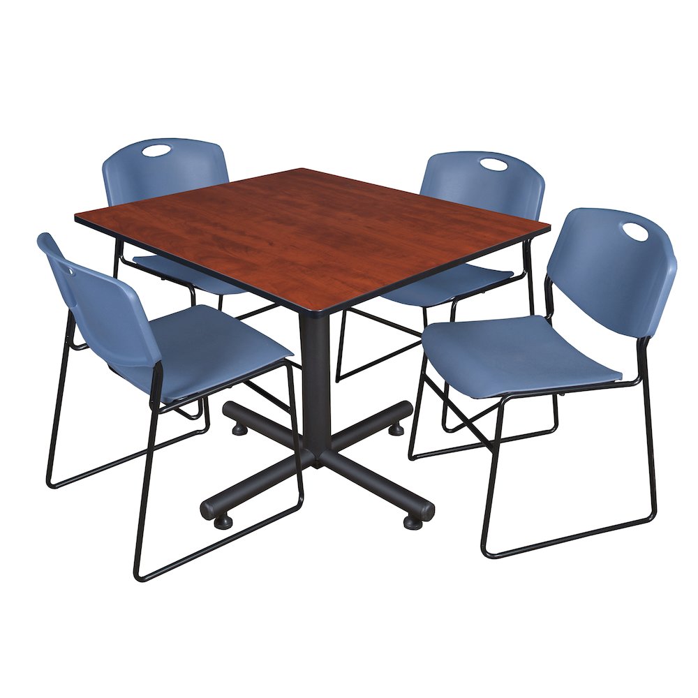 48 in. Square X-Base Breakroom Table- Cherry, 4 Zeng Stack Chairs- Blue. Picture 1