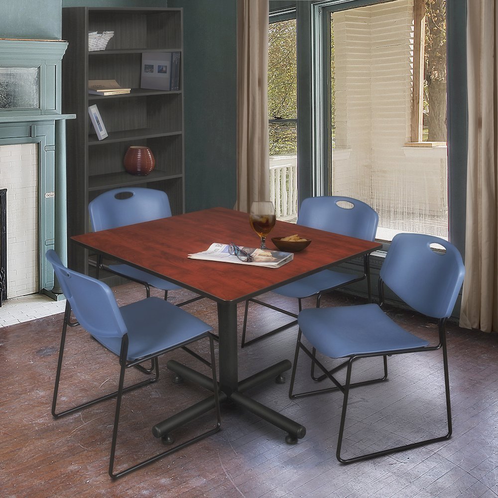 48 in. Square X-Base Breakroom Table- Cherry, 4 Zeng Stack Chairs- Blue. Picture 9