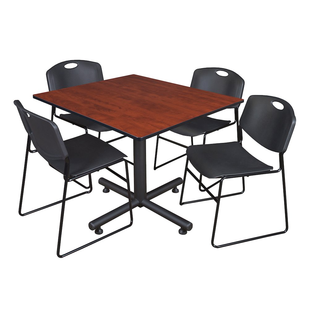 48 in. Square X-Base Breakroom Table- Cherry, 4 Zeng Stack Chairs- Black. Picture 1