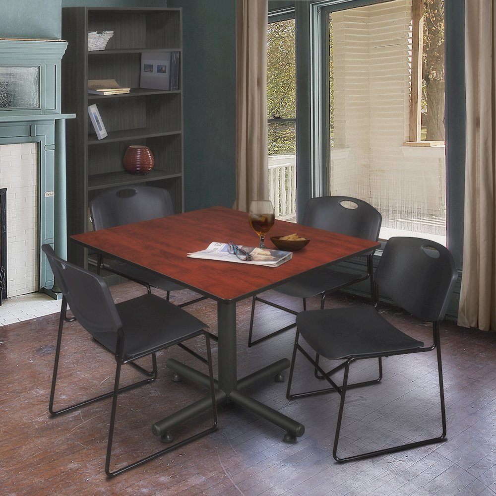 48 in. Square X-Base Breakroom Table- Cherry, 4 Zeng Stack Chairs- Black. Picture 9