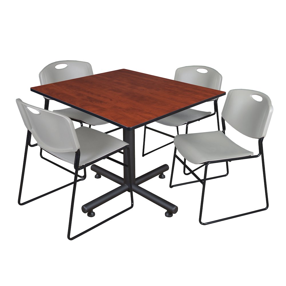 48 in. Square X-Base Breakroom Table- Cherry, 4 Zeng Stack Chairs- Grey. Picture 1