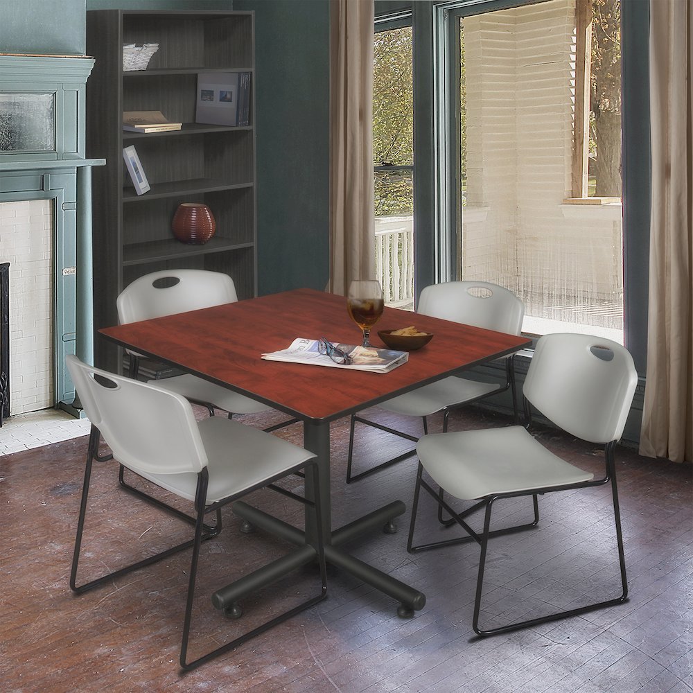 48 in. Square X-Base Breakroom Table- Cherry, 4 Zeng Stack Chairs- Grey. Picture 9