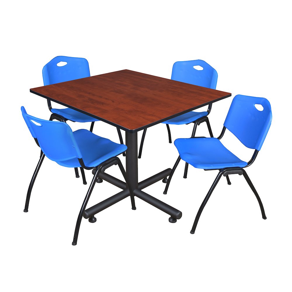 48 in. Square X-Base Breakroom Table- Cherry, 4 M Stack Chairs- Blue. Picture 1