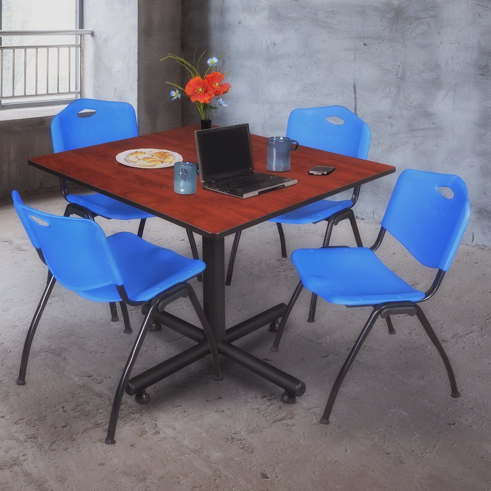48 in. Square X-Base Breakroom Table- Cherry, 4 M Stack Chairs- Blue. Picture 9