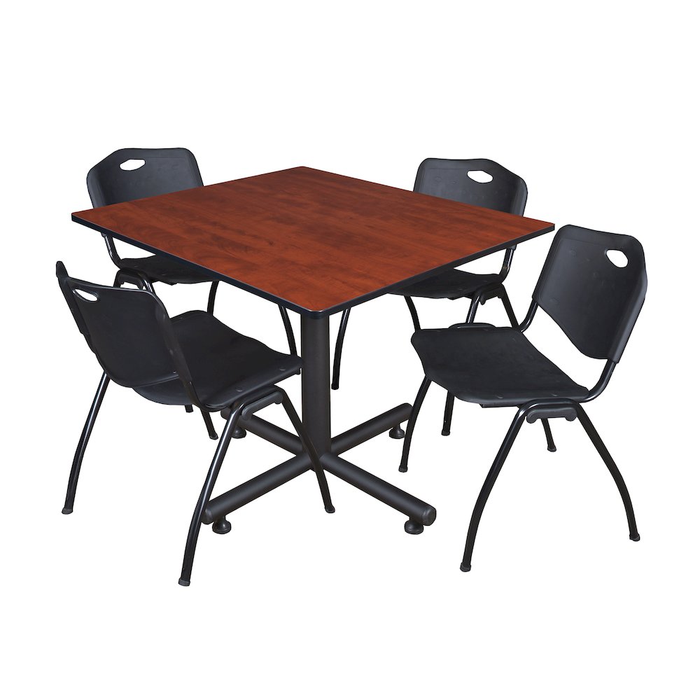 48 in. Square X-Base Breakroom Table- Cherry, 4 M Stack Chairs- Black. Picture 1