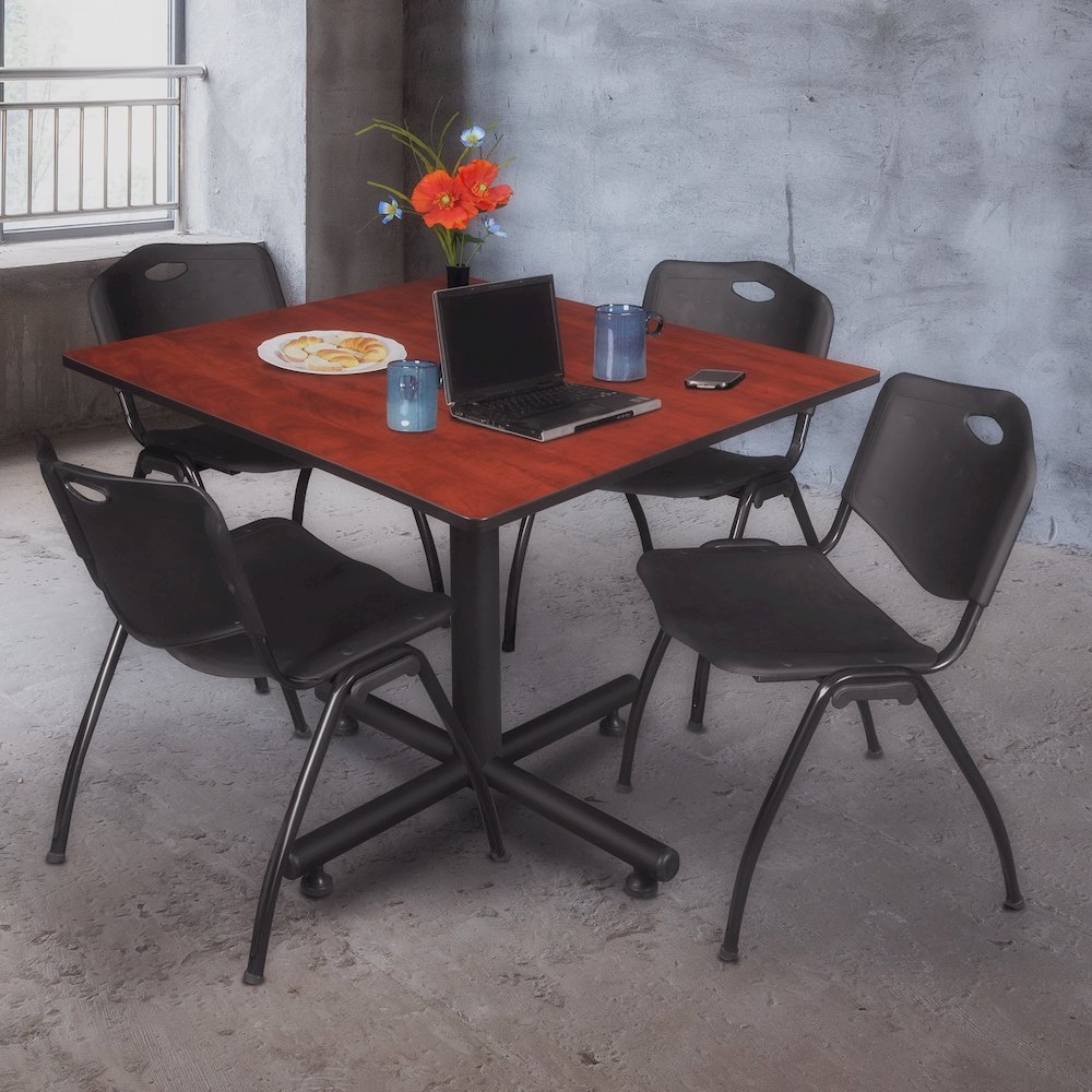 48 in. Square X-Base Breakroom Table- Cherry, 4 M Stack Chairs- Black. Picture 9