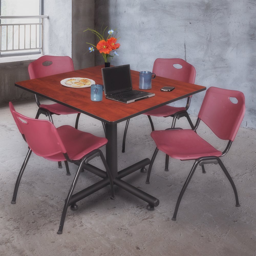 48 in. Square X-Base Breakroom Table- Cherry, 4 M Stack Chairs- Burgundy. Picture 9