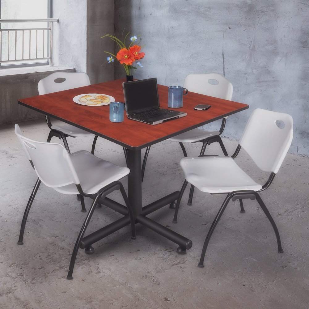 48 in. Square X-Base Breakroom Table- Cherry, 4 M Stack Chairs- Grey. Picture 9