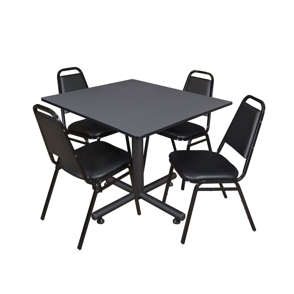 48 in. Square X-Base Breakroom Table- Grey, 4 Restaurant Stack Chairs- Black. Picture 1