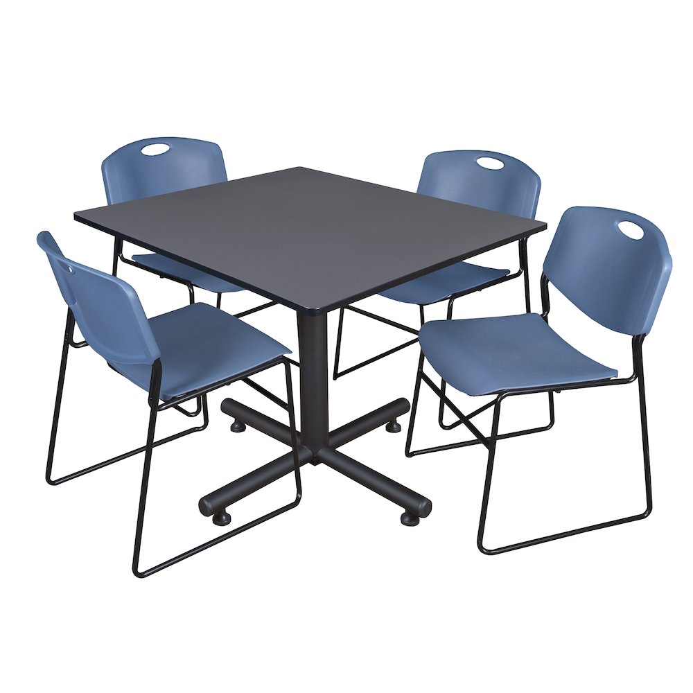 48 in. Square X-Base Breakroom Table- Grey, 4 Zeng Stack Chairs- Blue. Picture 1