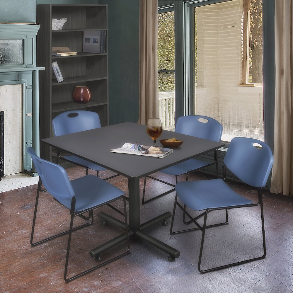 48 in. Square X-Base Breakroom Table- Grey, 4 Zeng Stack Chairs- Blue. Picture 9