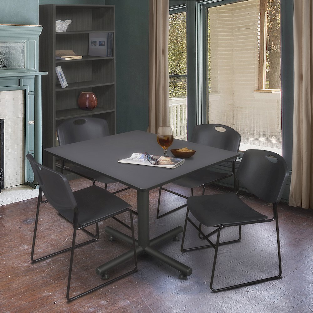 48 in. Square X-Base Breakroom Table- Grey, 4 Zeng Stack Chairs- Black. Picture 9