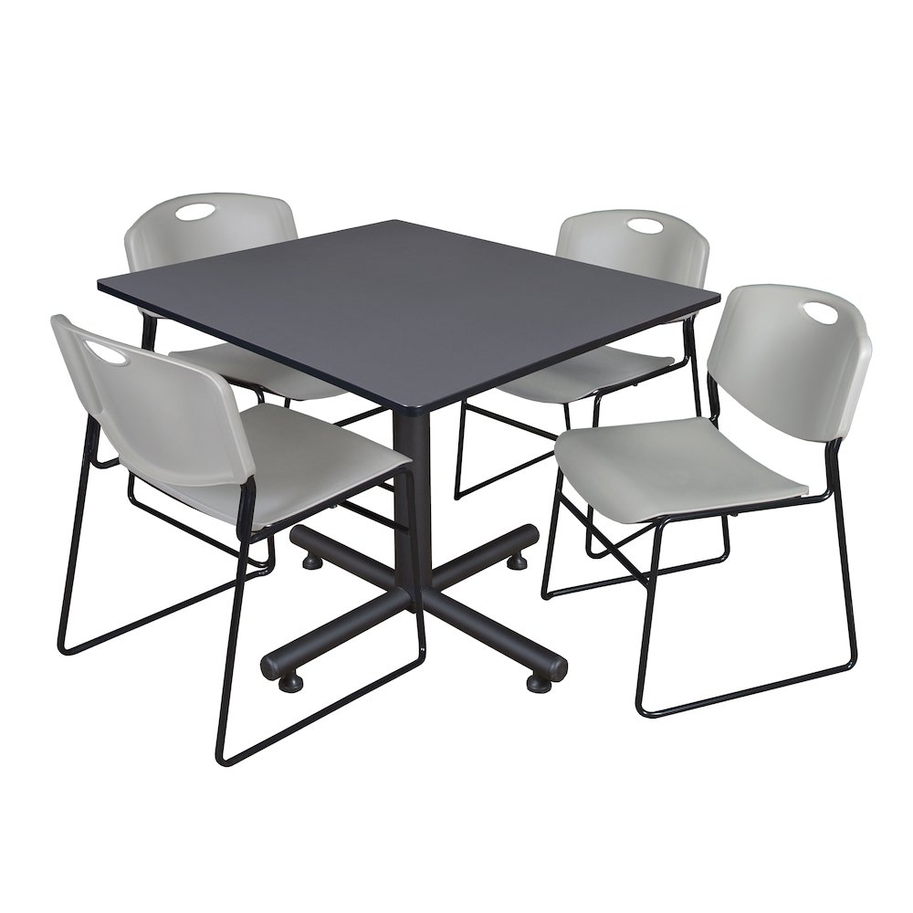 48 in. Square X-Base Breakroom Table- Grey, 4 Zeng Stack Chairs- Grey. Picture 1