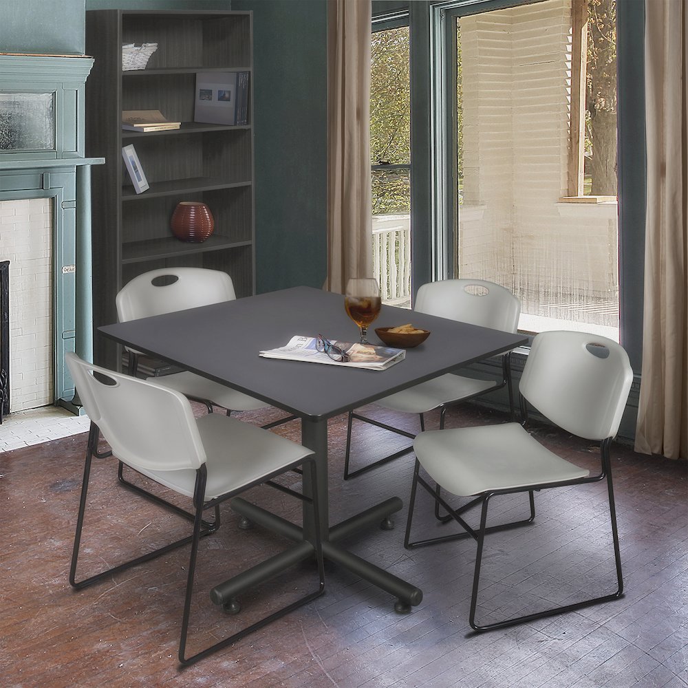 48 in. Square X-Base Breakroom Table- Grey, 4 Zeng Stack Chairs- Grey. Picture 9