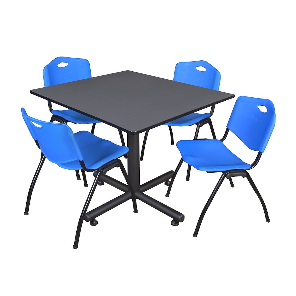 48 in. Square X-Base Breakroom Table- Grey, 4 M Stack Chairs- Blue. Picture 1