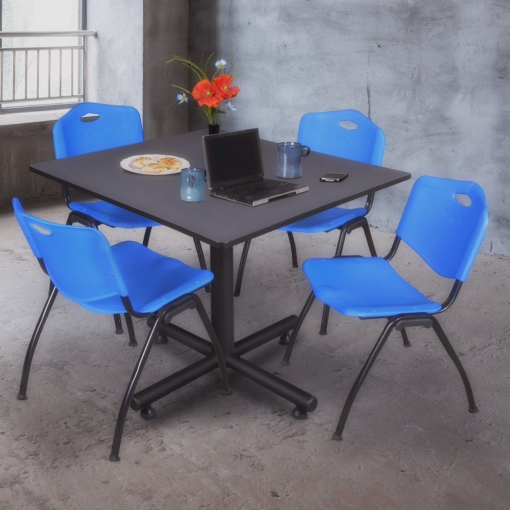 48 in. Square X-Base Breakroom Table- Grey, 4 M Stack Chairs- Blue. Picture 9