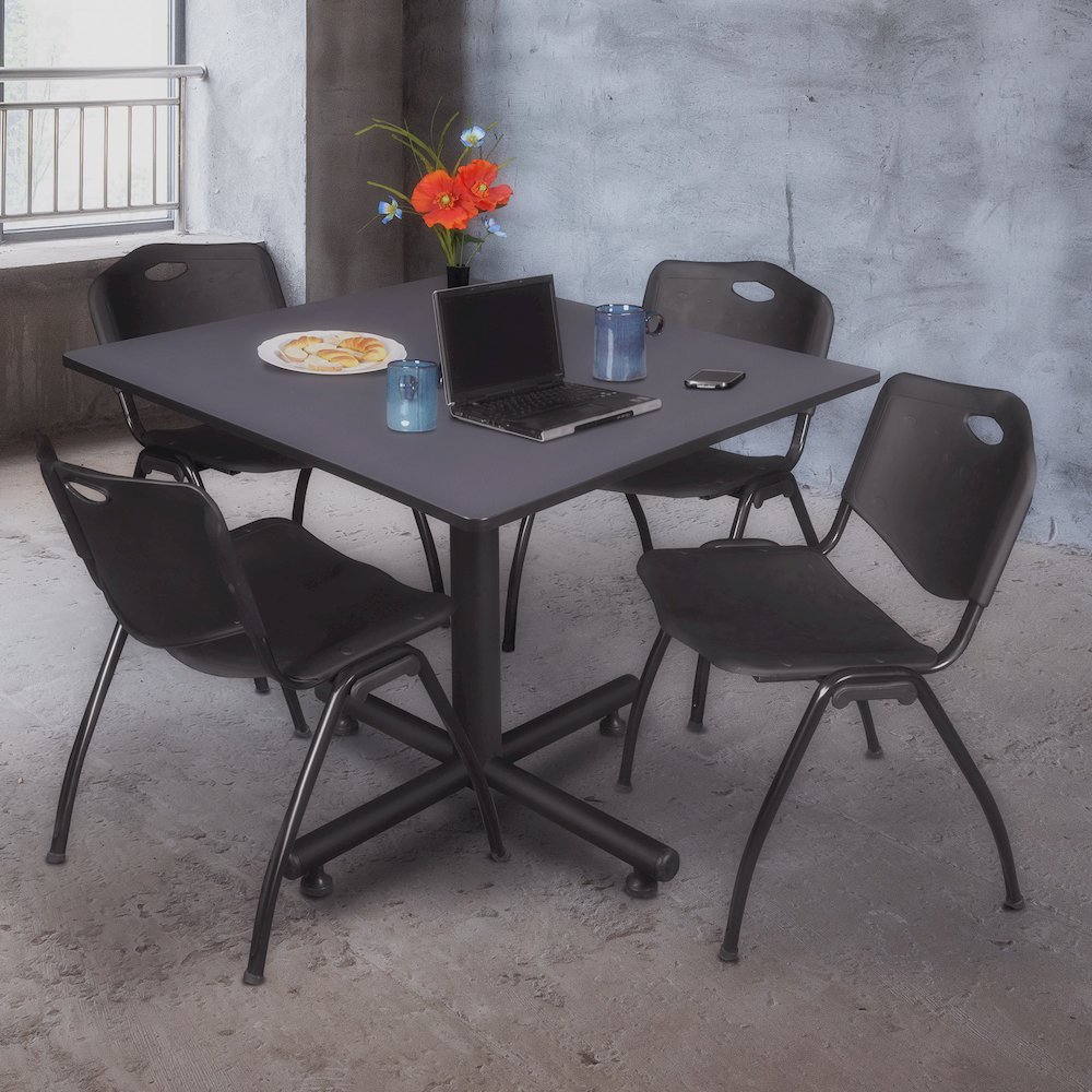 48 in. Square X-Base Breakroom Table- Grey, 4 M Stack Chairs- Black. Picture 9