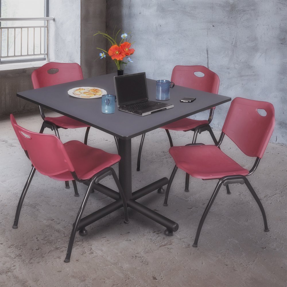 48 in. Square X-Base Breakroom Table- Grey, 4 M Stack Chairs- Burgundy. Picture 9