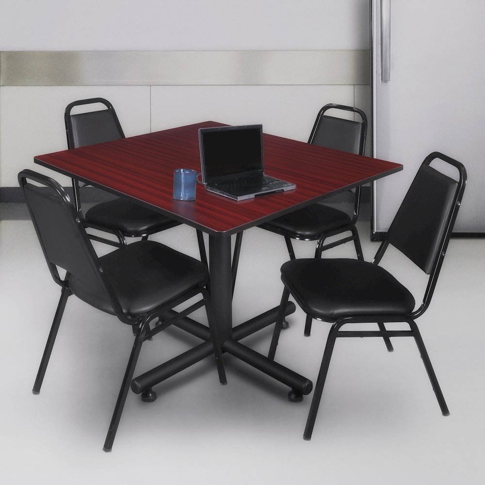 48 x 48 in. Square Breakroom Table- Mahogany, 4 Restaurant Stack Chairs- Black. Picture 9