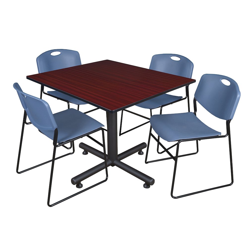 48 in. Square Breakroom Table- Mahogany, 4 Zeng Stack Chairs- Blue. Picture 1