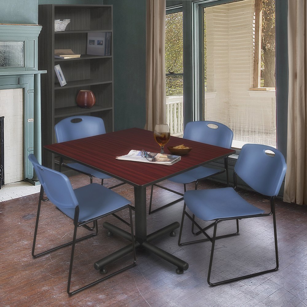 48 in. Square Breakroom Table- Mahogany, 4 Zeng Stack Chairs- Blue. Picture 9
