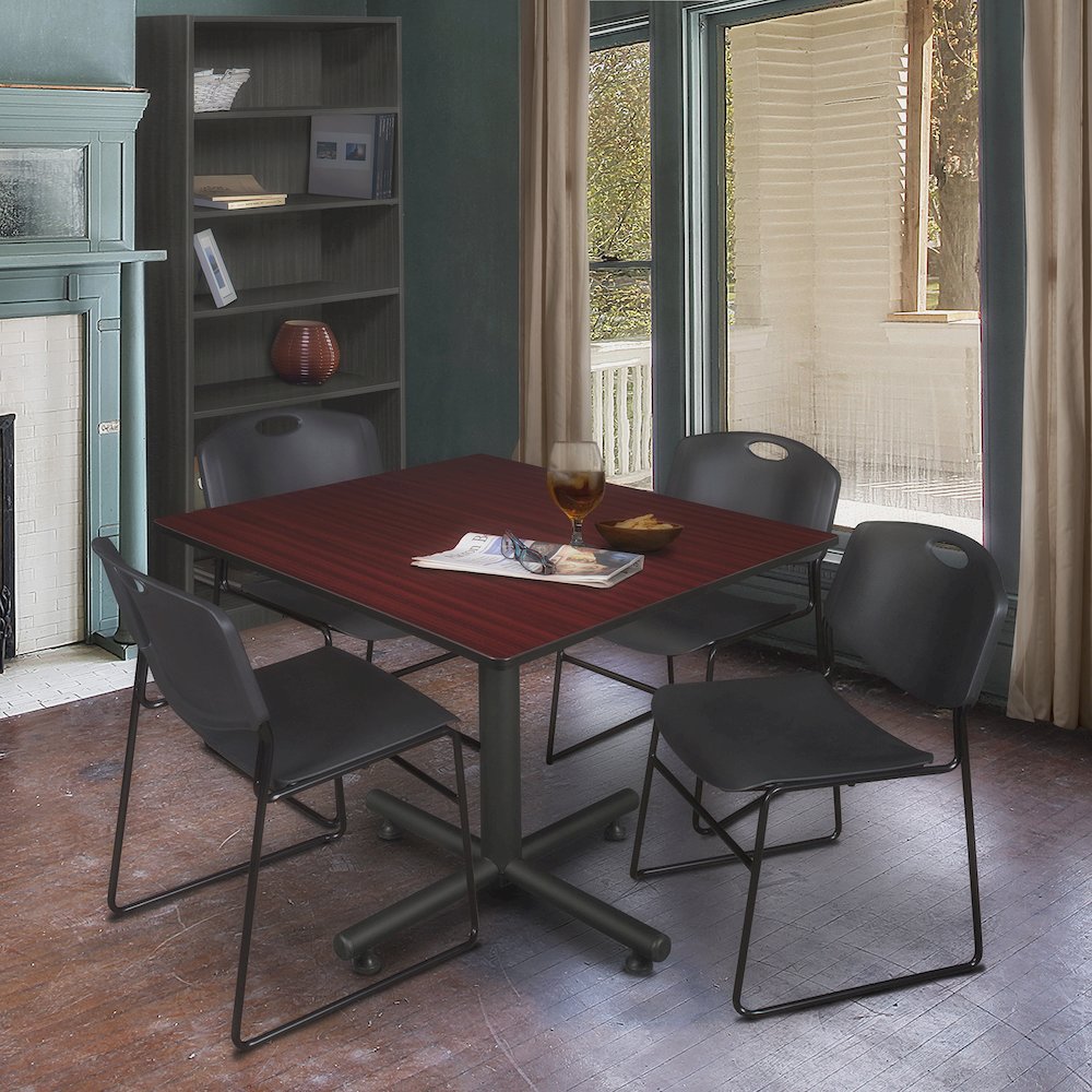 48 in. Square Breakroom Table- Mahogany, 4 Zeng Stack Chairs- Black. Picture 9