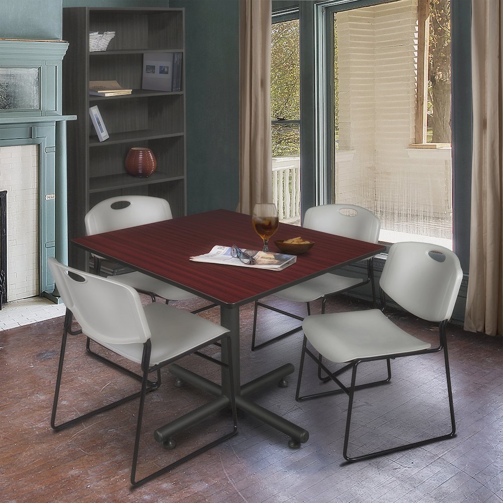 48 in. Square Breakroom Table- Mahogany, 4 Zeng Stack Chairs- Grey. Picture 9