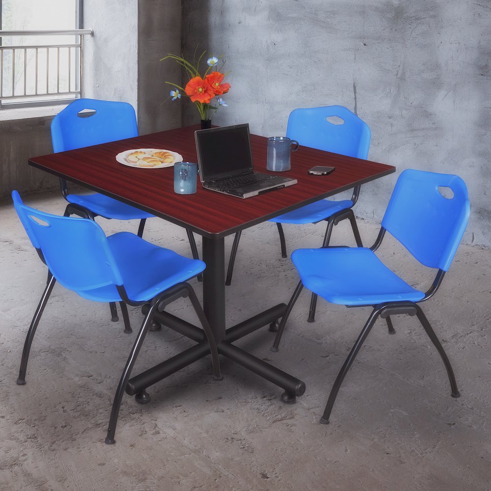 48 in. Square Breakroom Table- Mahogany, 4 M Stack Chairs- Blue. Picture 9