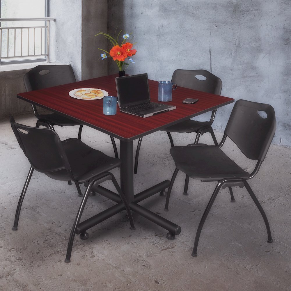 48 in. Square Breakroom Table- Mahogany, 4 M Stack Chairs- Black. Picture 9