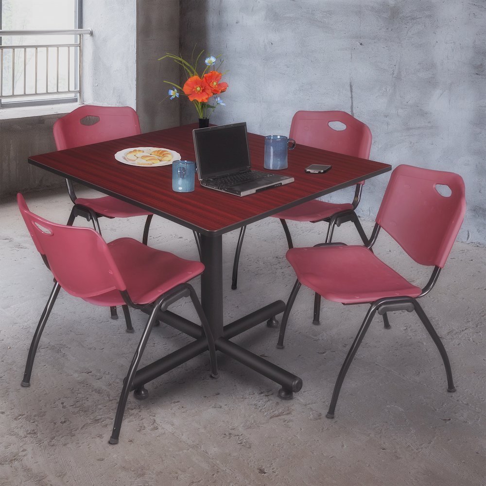48 in. Square Breakroom Table- Mahogany, 4 M Stack Chairs- Burgundy. Picture 9