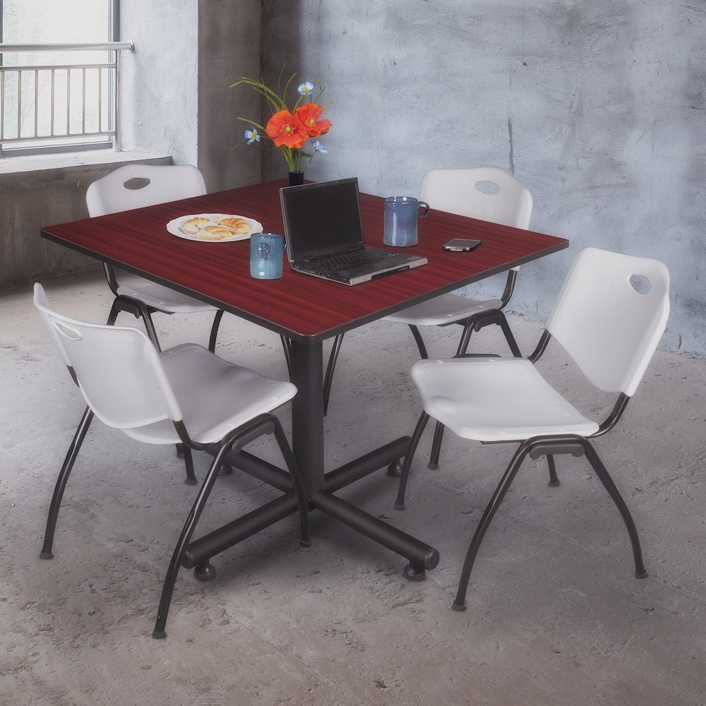 48 in. Square Breakroom Table- Mahogany, 4 M Stack Chairs- Grey. Picture 9