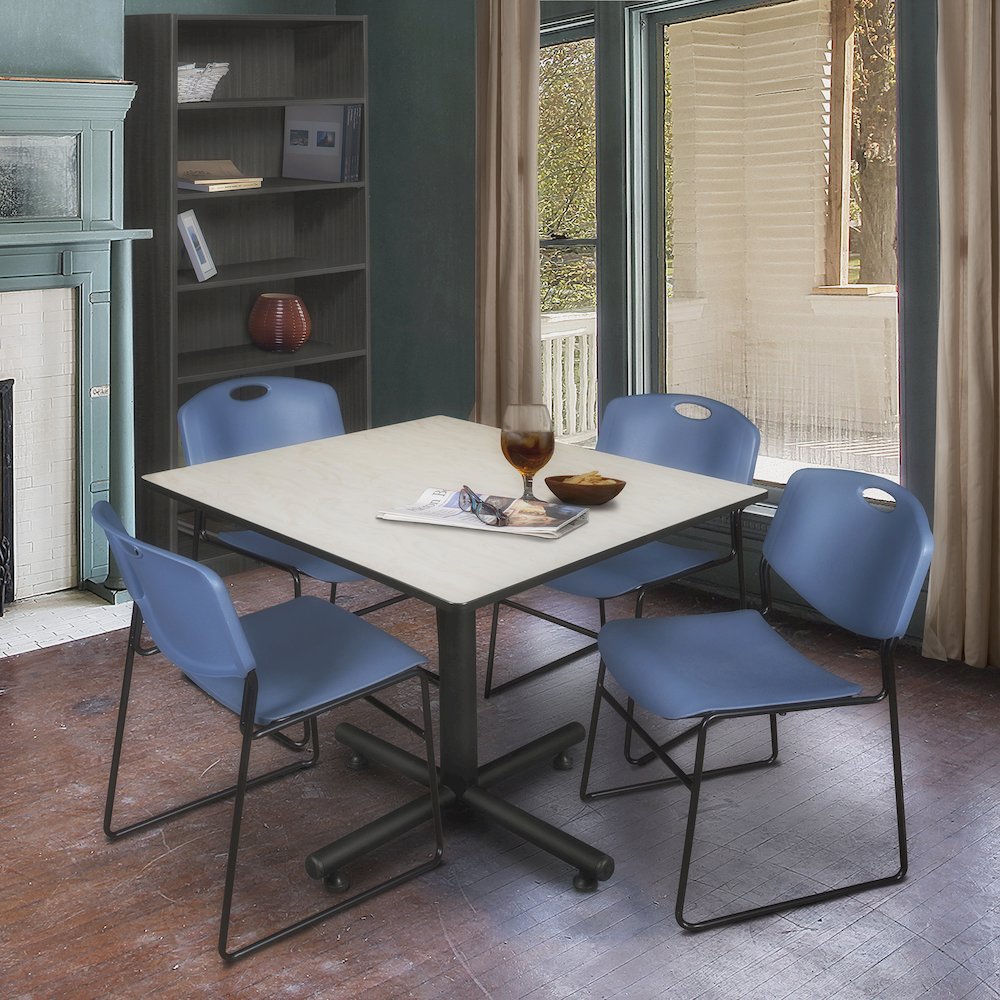 48 in. Square Breakroom Table- Maple, 4 Zeng Stack Chairs- Blue. Picture 9