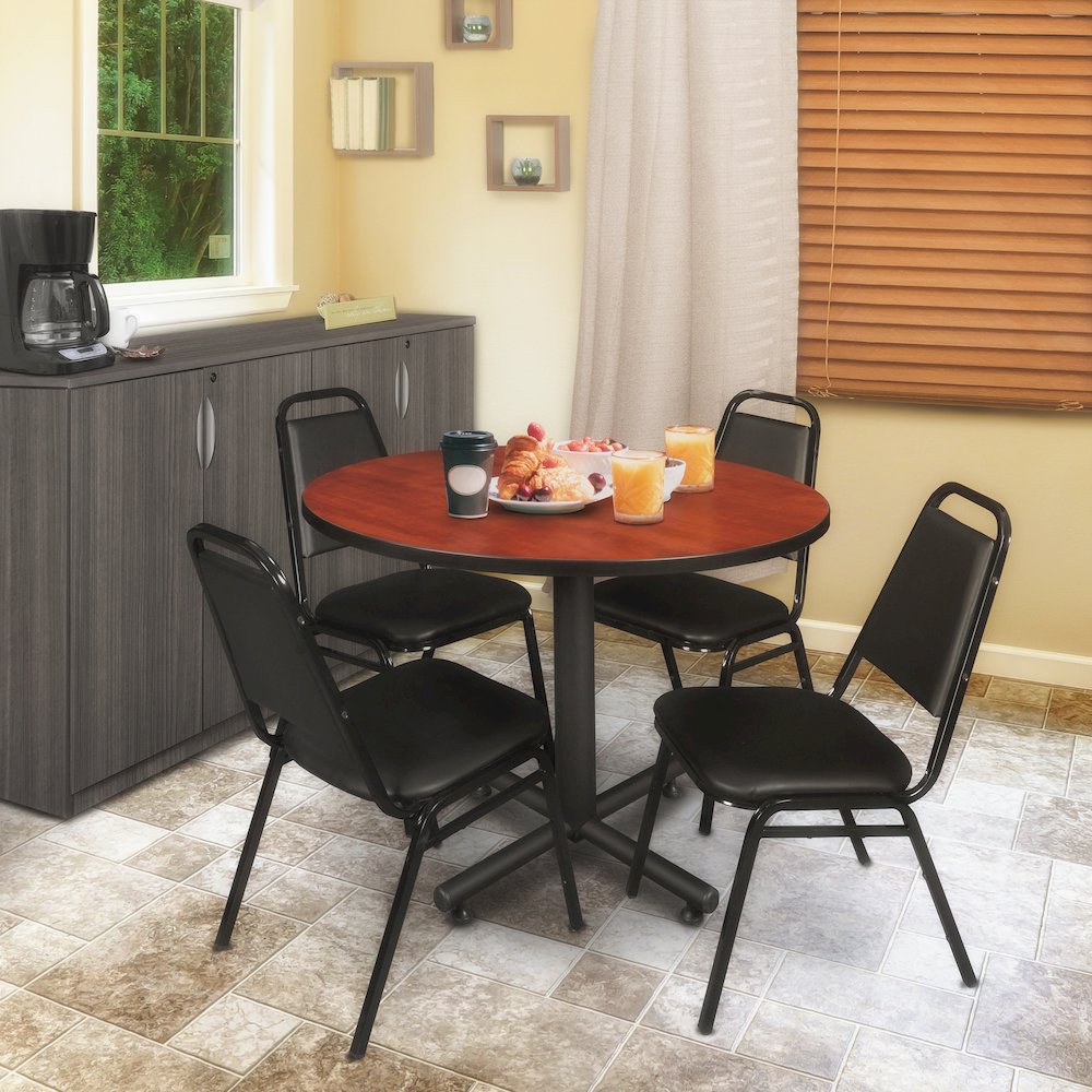 48 in. Round Breakroom Table- Cherry, 4 Restaurant Stack Chairs- Black. Picture 8