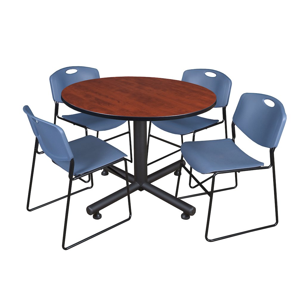 48 in. Round Breakroom Table- Cherry, 4 Zeng Stack Chairs- Blue. Picture 1