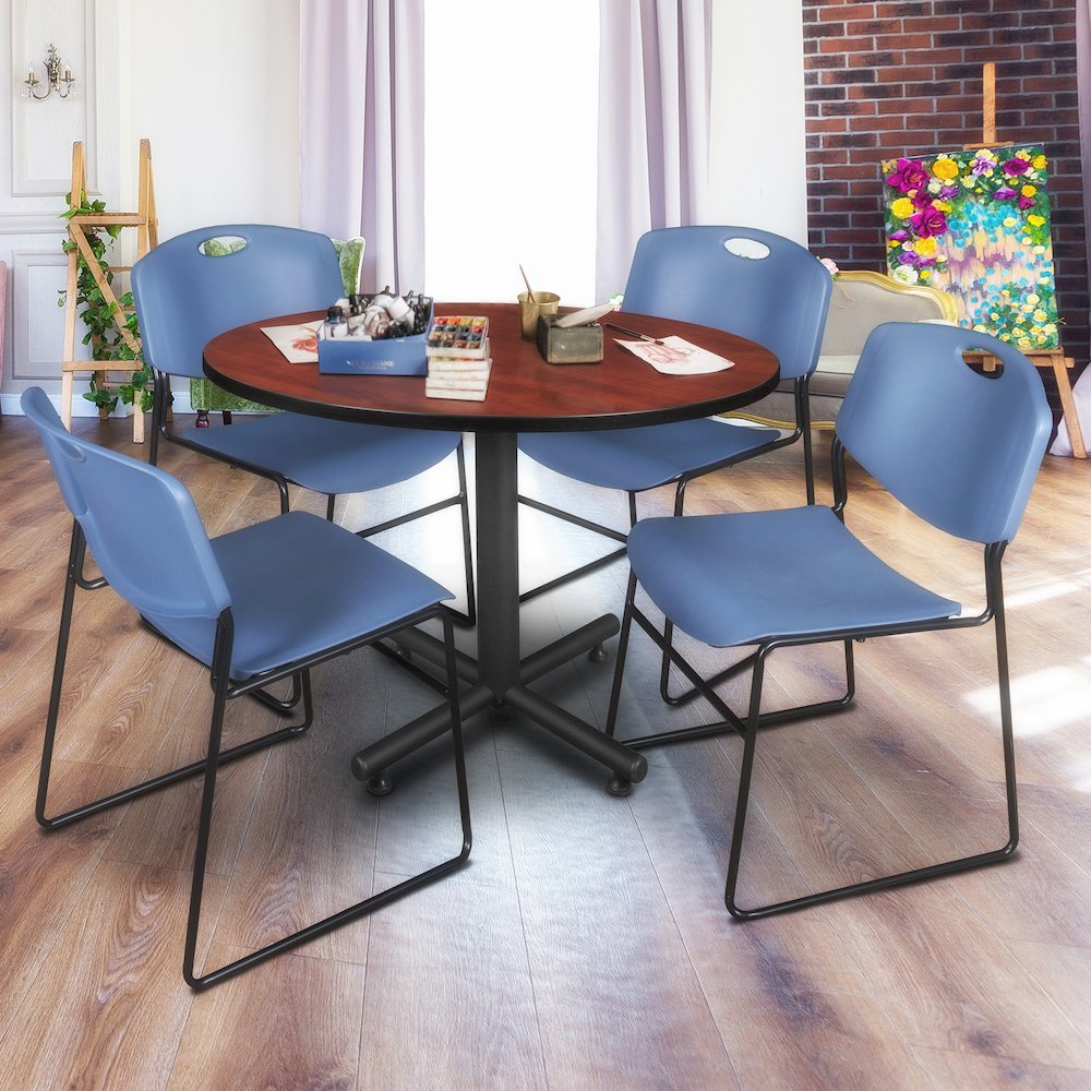 48 in. Round Breakroom Table- Cherry, 4 Zeng Stack Chairs- Blue. Picture 8