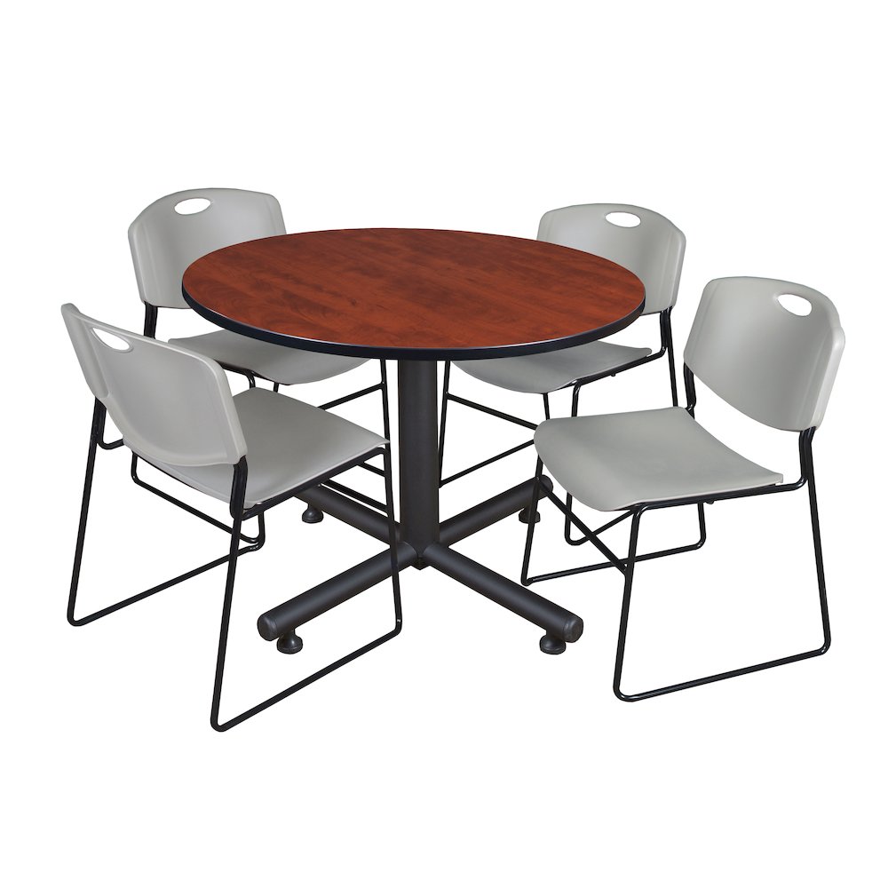 48 in. Round Breakroom Table- Cherry, 4 Zeng Stack Chairs- Grey. Picture 1