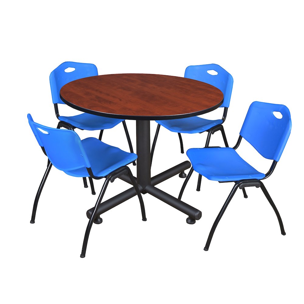 48 in. Round Breakroom Table- Cherry, 4 M Stack Chairs- Blue. Picture 1