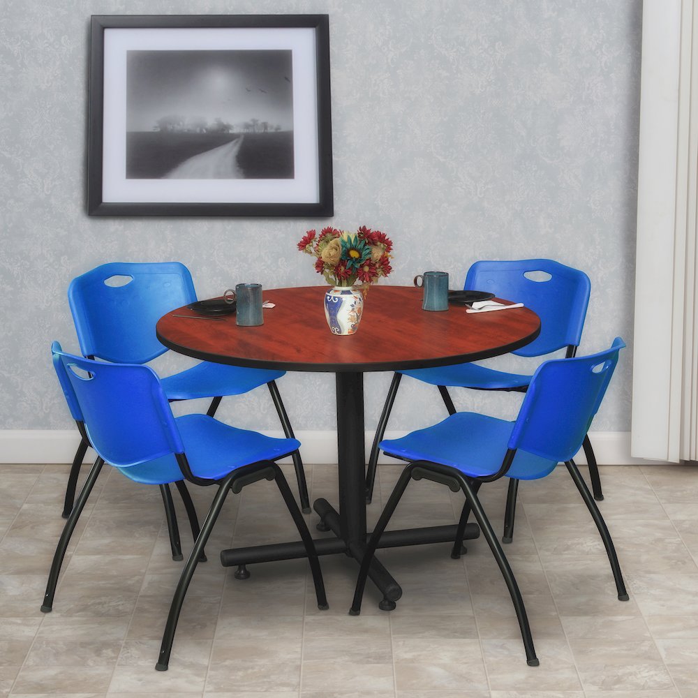 48 in. Round Breakroom Table- Cherry, 4 M Stack Chairs- Blue. Picture 8