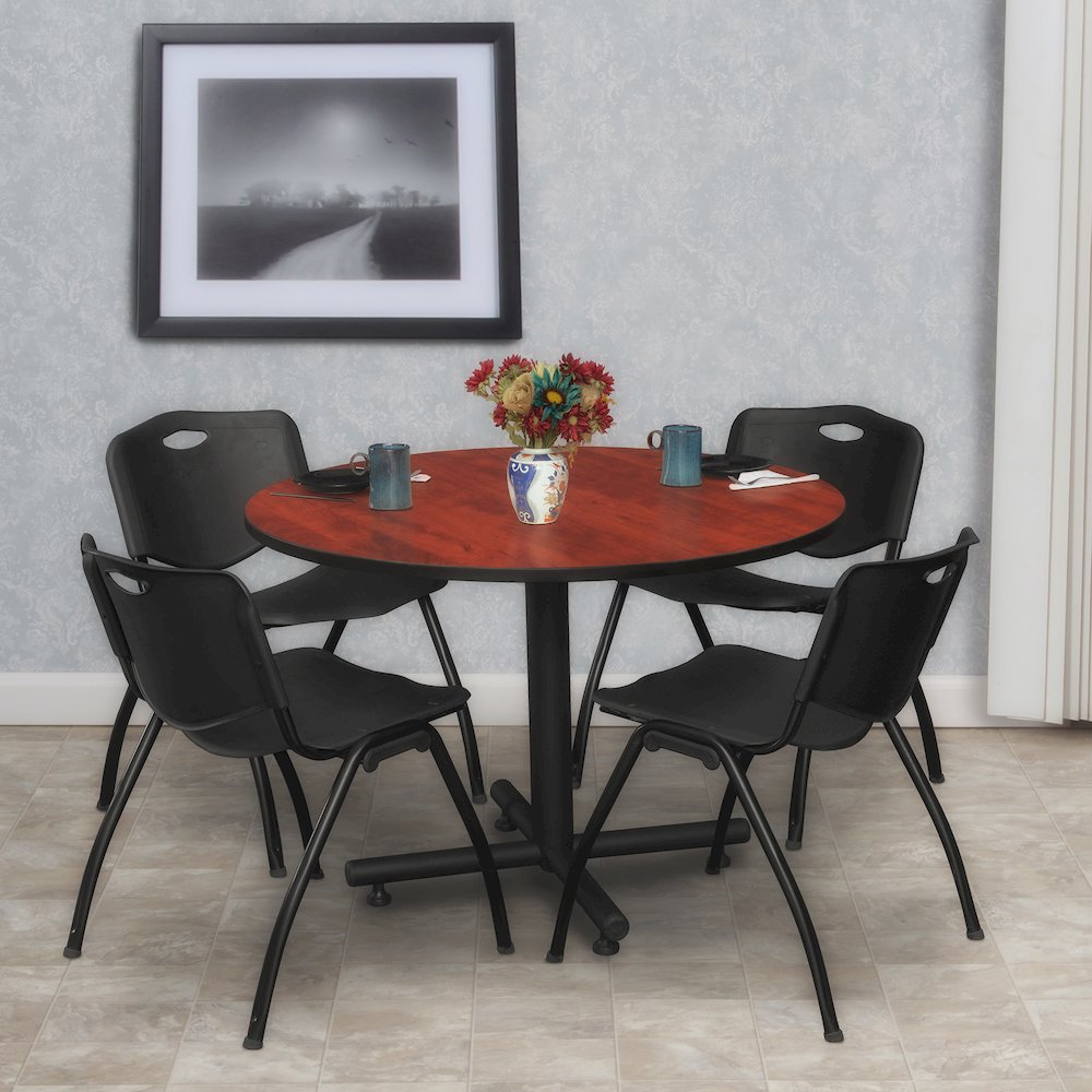 48 in. Round Breakroom Table- Cherry, 4 M Stack Chairs- Black. Picture 8