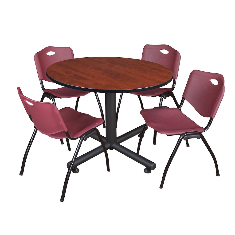 48 in. Round Breakroom Table- Cherry, 4 M Stack Chairs- Burgundy. Picture 1