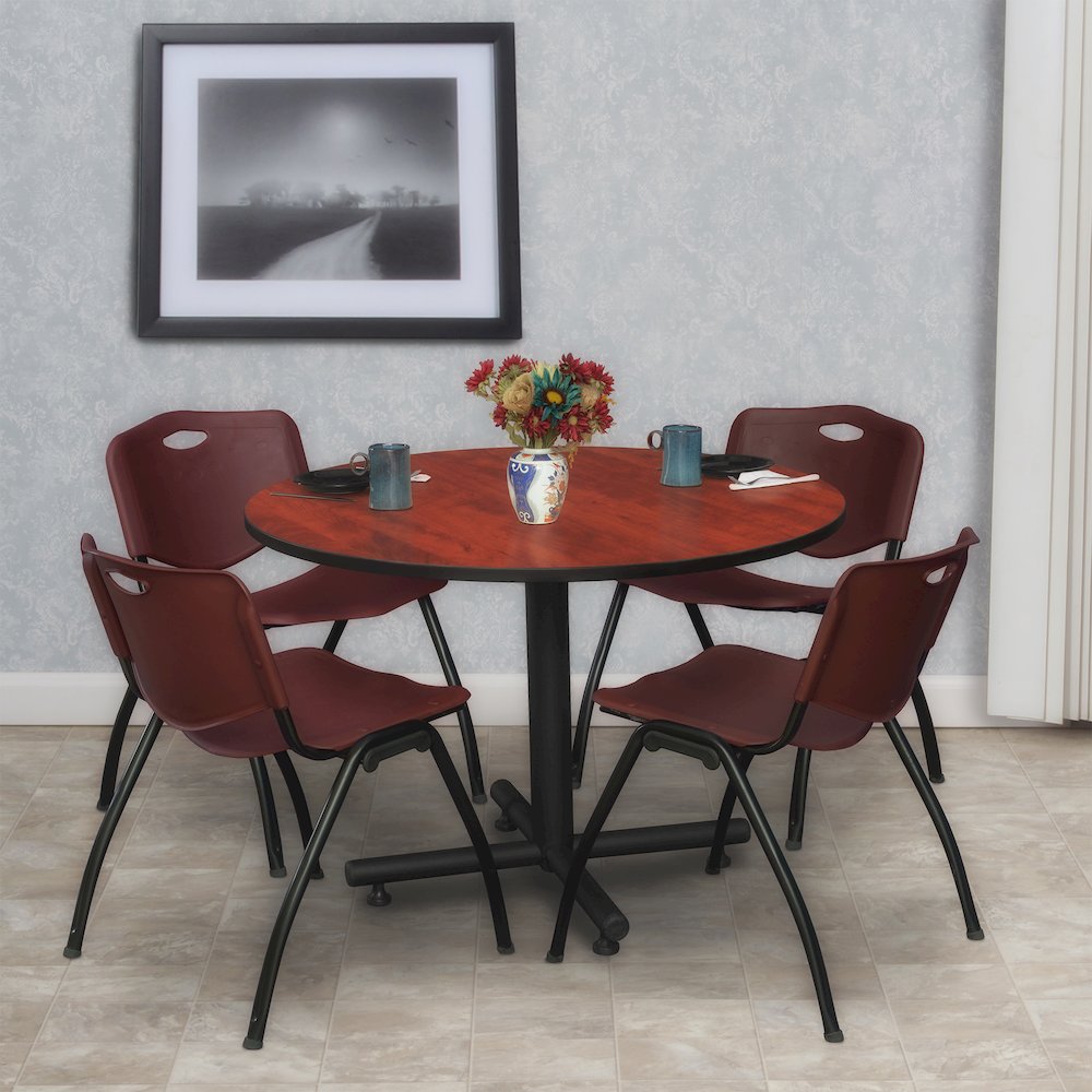 48 in. Round Breakroom Table- Cherry, 4 M Stack Chairs- Burgundy. Picture 8