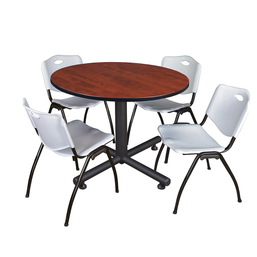 48 in. Round Breakroom Table- Cherry, 4 M Stack Chairs- Grey. Picture 1