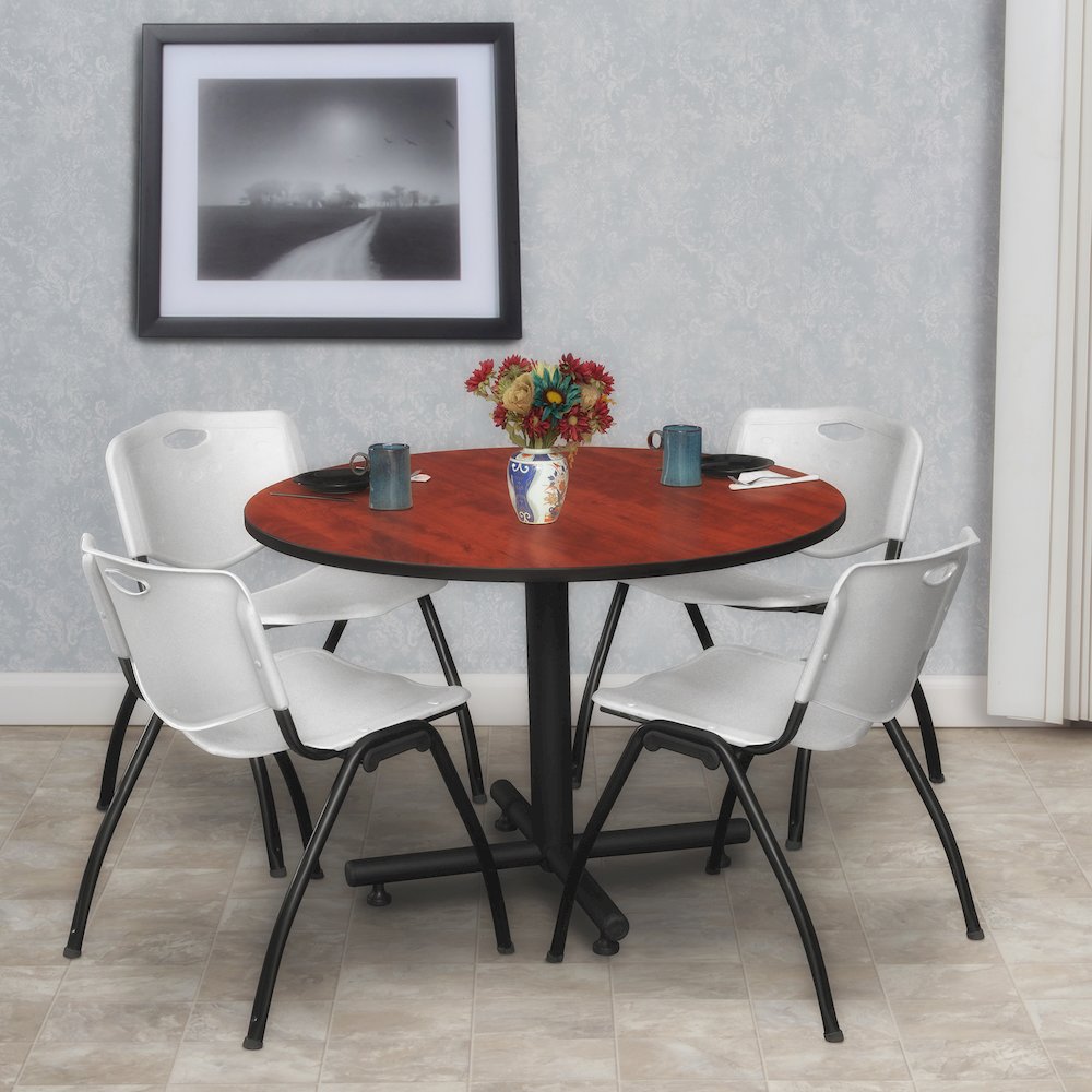 48 in. Round Breakroom Table- Cherry, 4 M Stack Chairs- Grey. Picture 8