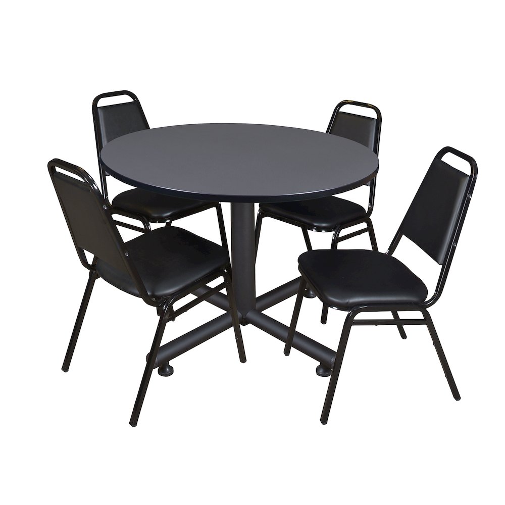 48 in. Round Breakroom Table- Grey, 4 Restaurant Stack Chairs- Black. Picture 1