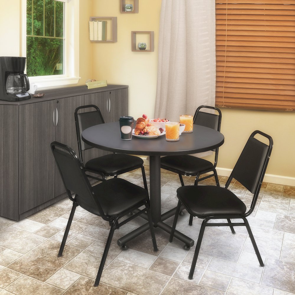 48 in. Round Breakroom Table- Grey, 4 Restaurant Stack Chairs- Black. Picture 8