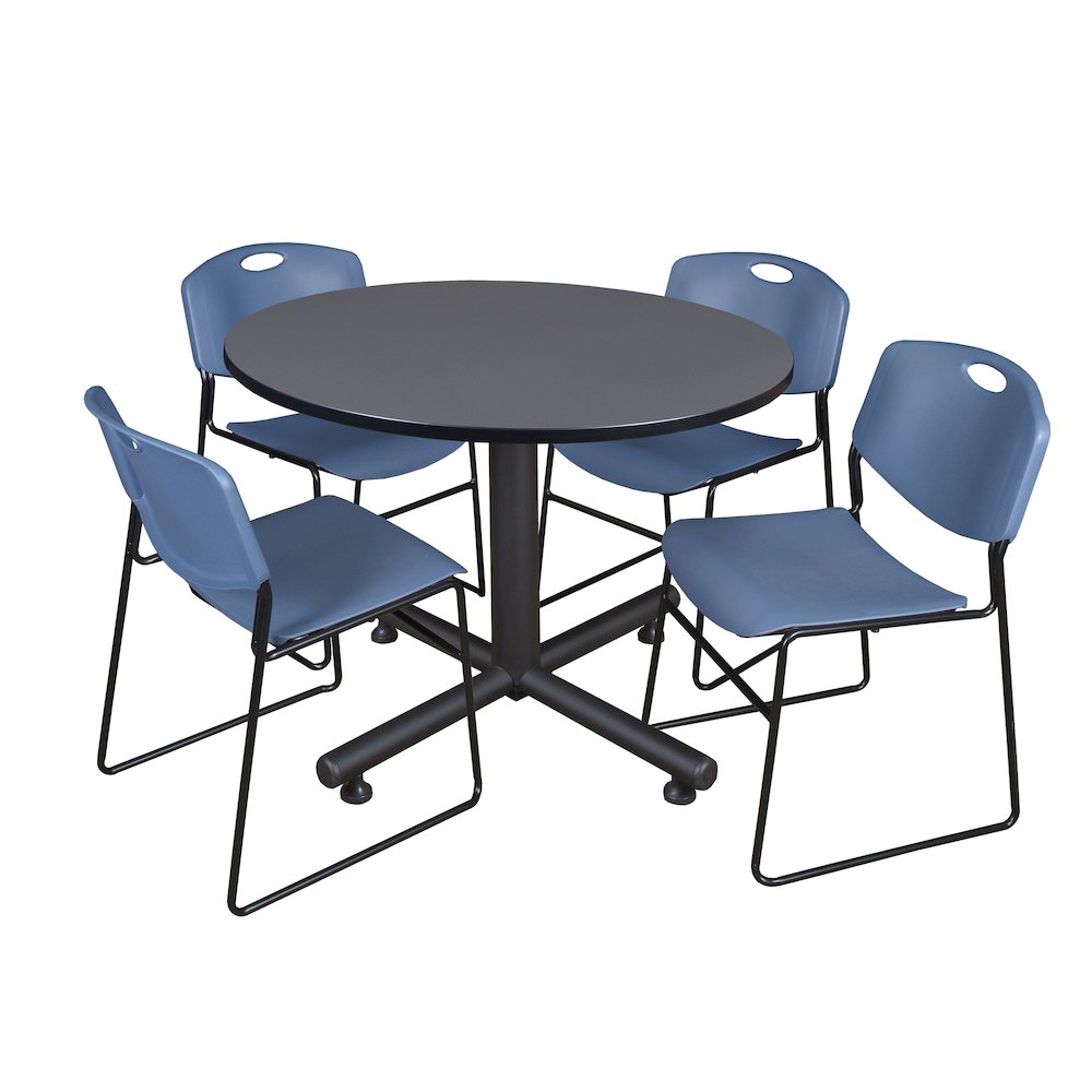 48 in. Round Breakroom Table- Grey, 4 Zeng Stack Chairs- Blue. Picture 1