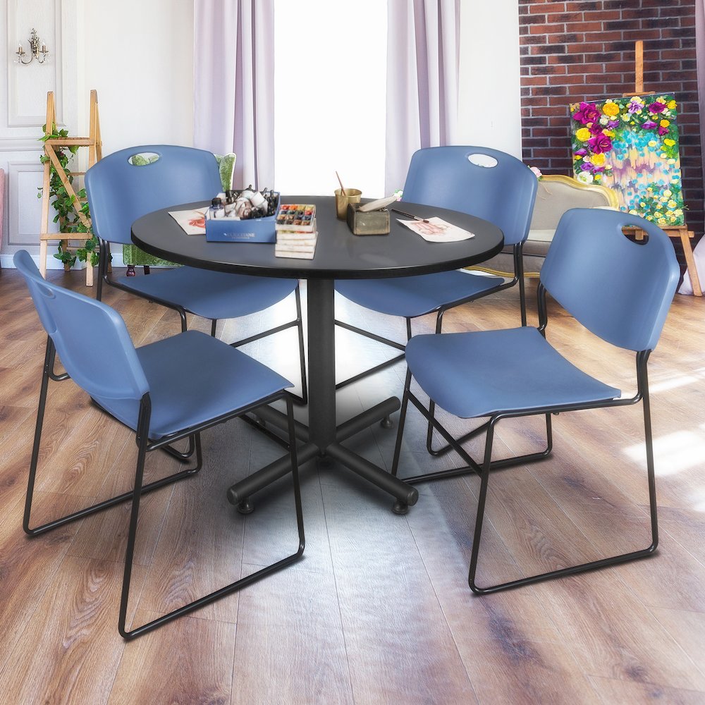 48 in. Round Breakroom Table- Grey, 4 Zeng Stack Chairs- Blue. Picture 8