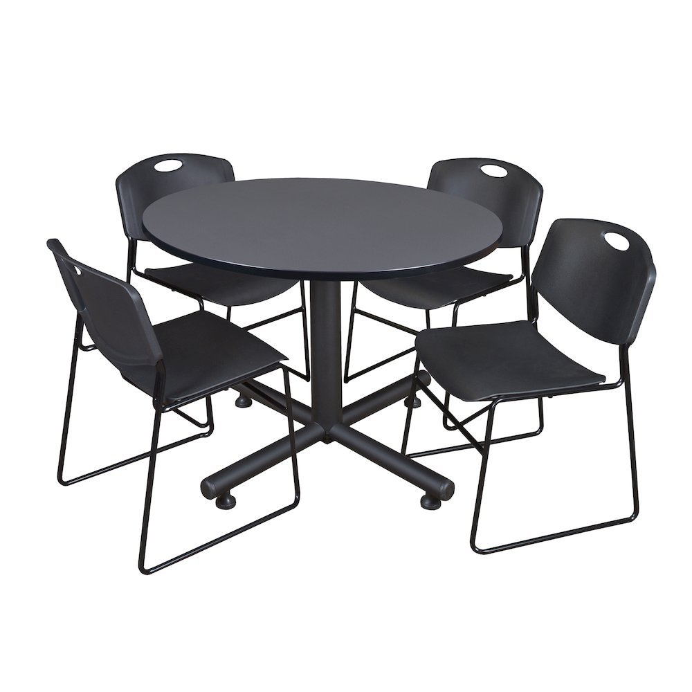 48 in. Round Breakroom Table- Grey, 4 Zeng Stack Chairs- Black. Picture 1