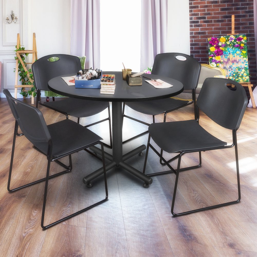 48 in. Round Breakroom Table- Grey, 4 Zeng Stack Chairs- Black. Picture 8