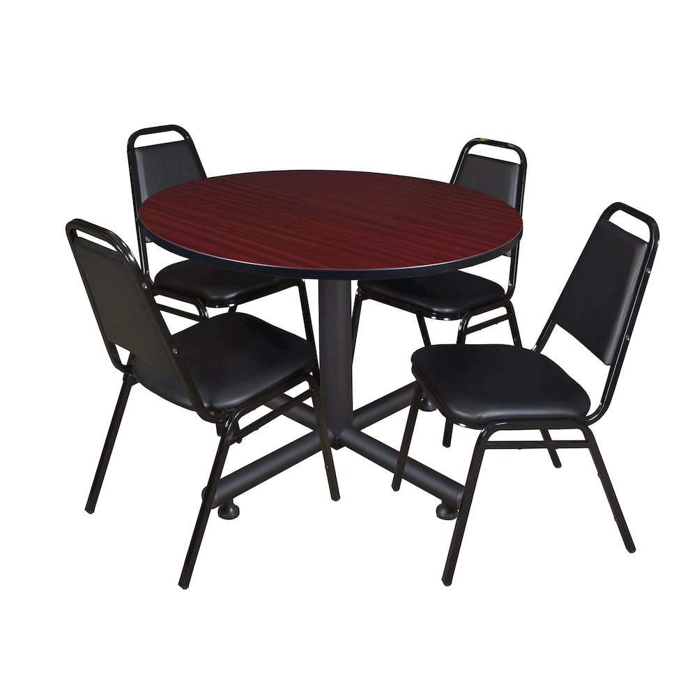 48 in. Round Breakroom Table- Mahogany, 4 Restaurant Stack Chairs- Black. Picture 1